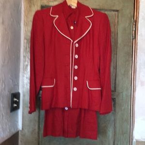 BCBG red linen blazer with white piping & buttons